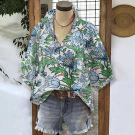 新款跨境欧美亚马逊独立站速卖通印花V领荷叶边女装上衣