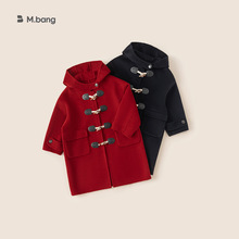 宥宝童装牛角扣羊毛呢连帽外套男童儿童双面呢大衣红色中大童女孩