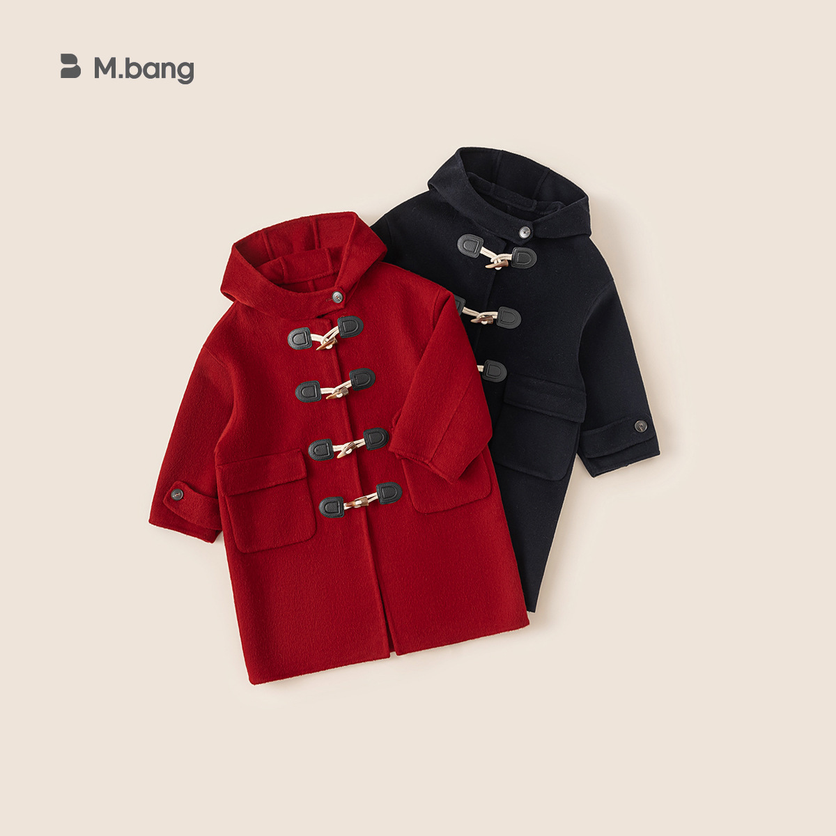 宥宝童装牛角扣羊毛呢连帽外套男童儿童双面呢大衣红色中大童女孩