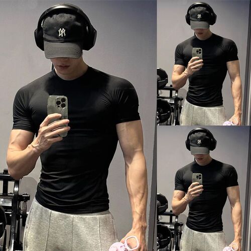 Men's Summer Half-Sleeve Quick-Drying T-Shirt with Ice Silk Elastic Sweat Absorbent Fitness Short Sleeve Breathable Round Neck Color Top