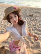 度假风绑带v领长袖开衫蕾丝吊带女夏季纯欲套装碎花半身裙三件套