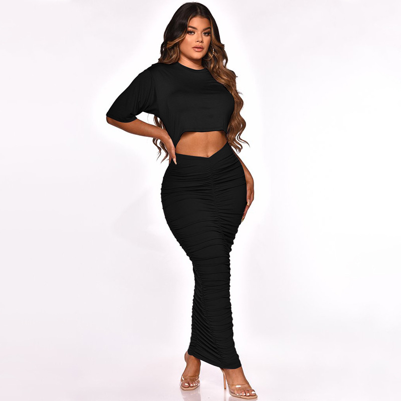 solid color pleated cropped top & long skirt 2 piece set NSMYF68643