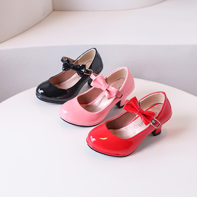 Cross-border Girls High-heeled Shoes 2025 Spring and Autumn Children's Red Princess Shoes Student Performance Dance Shoes Small Leather Shoes