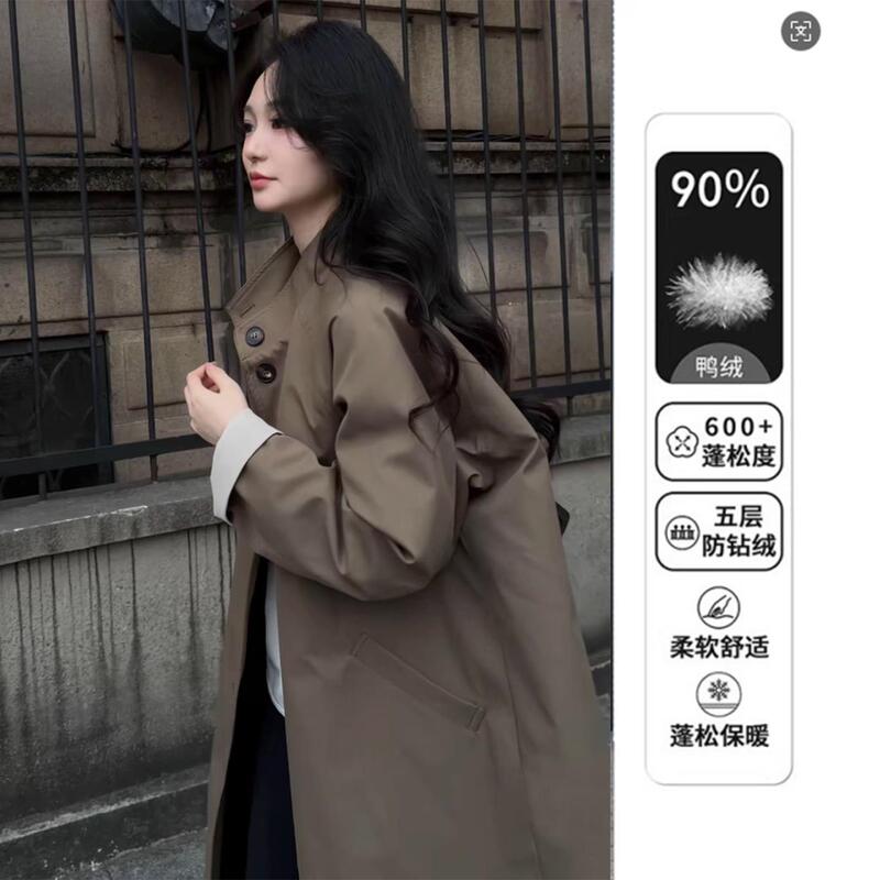 Green coffee-colored Korean-style slim-fit trench coat down jacket, 2026 winter mid-length thickened high-end coat