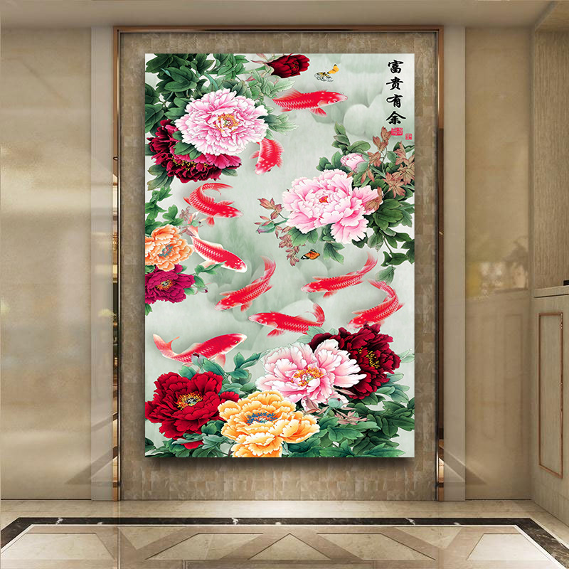 九魚図装飾画招財風水客間廊下通路入戸玄関壁画ハスの花竹壁貼り掛け絵|undefined