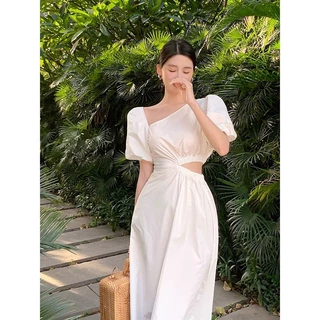 3216#胖mm法式白色不规则露肩连衣裙大码气质收腰显瘦中长款裙子