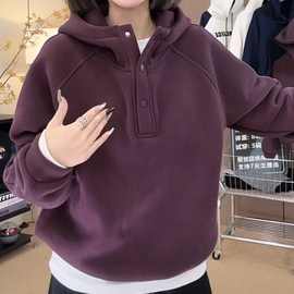 加绒加超薄防风领连帽毛绒女2025年春季新款休闲百搭纯色,纽扣保
