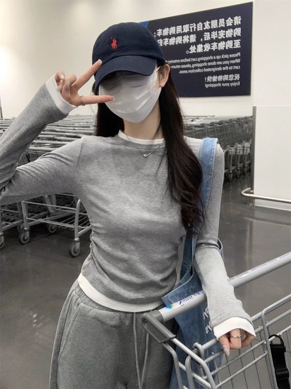 纯欲设计感秋季拼接撞色美式假两件褶皱长袖修身T恤显瘦上衣打底|undefined