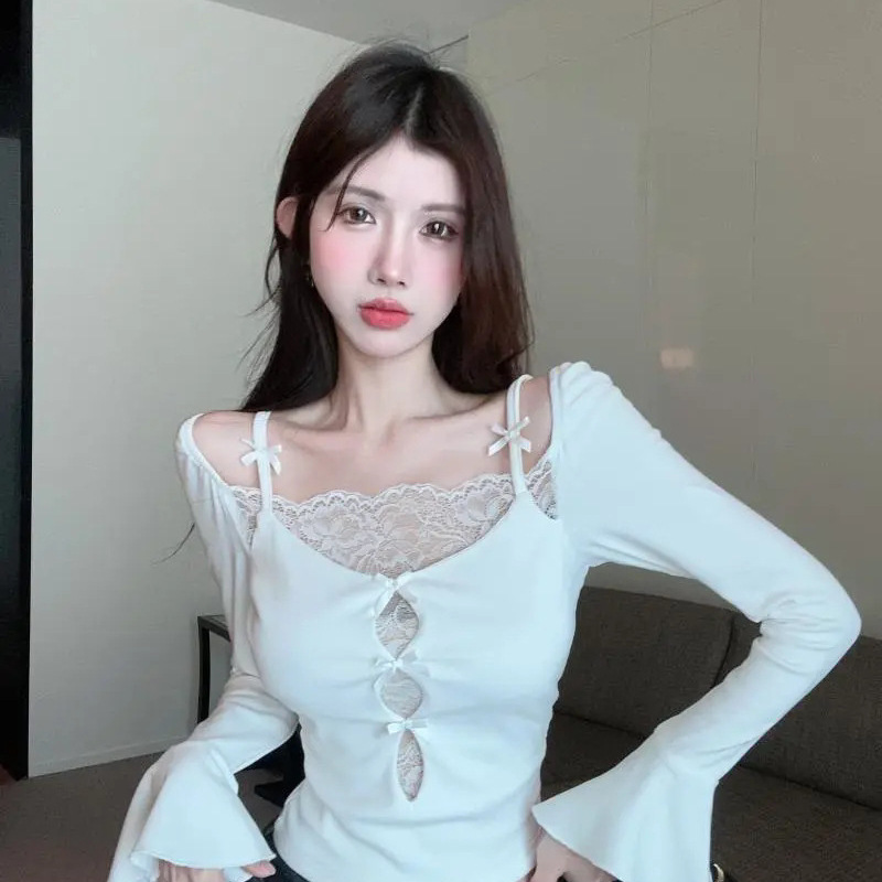 Autumn New Slim Fit Bell Sleeve Lace Splicing Long-Sleeved T-Shirt Sexy Fashion Niche Sexy Top Ins