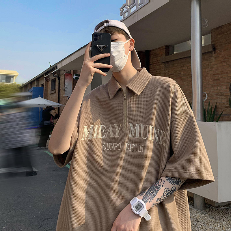American Style Vintage Embroidered Polo Shirt Men's cityboy Heavy T-Shirt oversize Waffle Brown Short Sleeve Half Sleeve