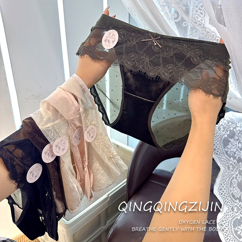 French-Style Eyelash Lace Women's Panties, Velvet Low-Waist Bowknot Mesh Breathable, Wholesale from Physical Store Live Streaming Supply