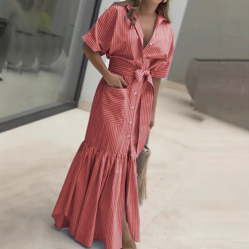 Spot 25 European and American Cross-Border Independent Station Amazon Fashion Stripesd Short-Sleeved Loose Mid-Length Dress Shirt Dress