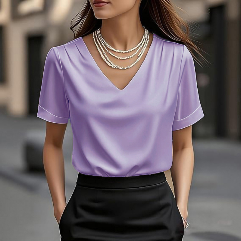 Damen Satin T-shirt Mit V-ausschnitt Elegante Kurzarmbluse_voghion.com