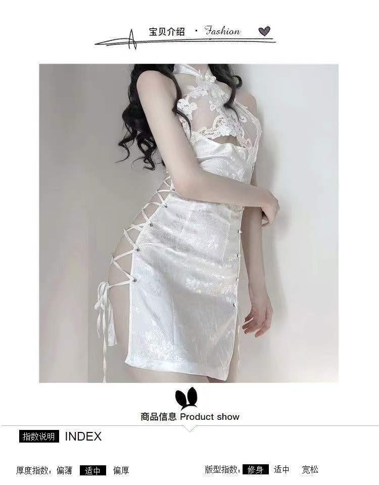 Sexy Cheongsam-Style Lingerie Set, Backless Slit Tie-Up Design, White Lace One-Piece with Thong — detail image 5