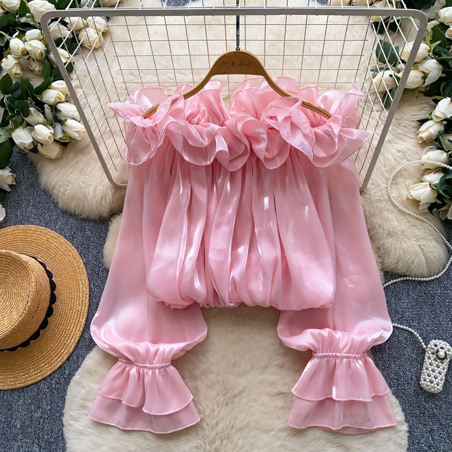 Sweet Off-Shoulder Chiffon Blouse Ruffled Trim Korean Style Long Sleeves Loose Fit Slimming Pink Elegant Top for Summer Women's Clothing_ecoleips.com