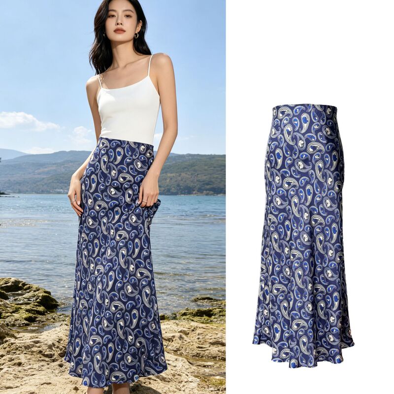 Blue Tears·Blue Paisley Print Bias-Cut Sand-Washed Silk Mermaid Skirt Blue Tears·Blue Paisley Print Bias-Cut Sand-Washed Silk Mermaid Skirt