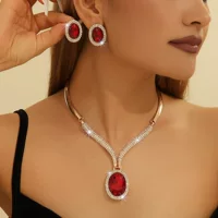Golden metal white stone inlay, red crystal necklace, necklace and earrings, set, accessory, European style