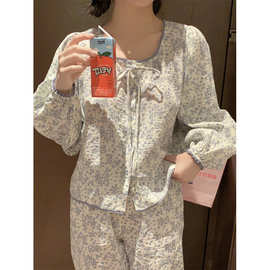 实拍2025春季新款睡衣女韩系温柔小碎花简约花边套装休闲家居服女
