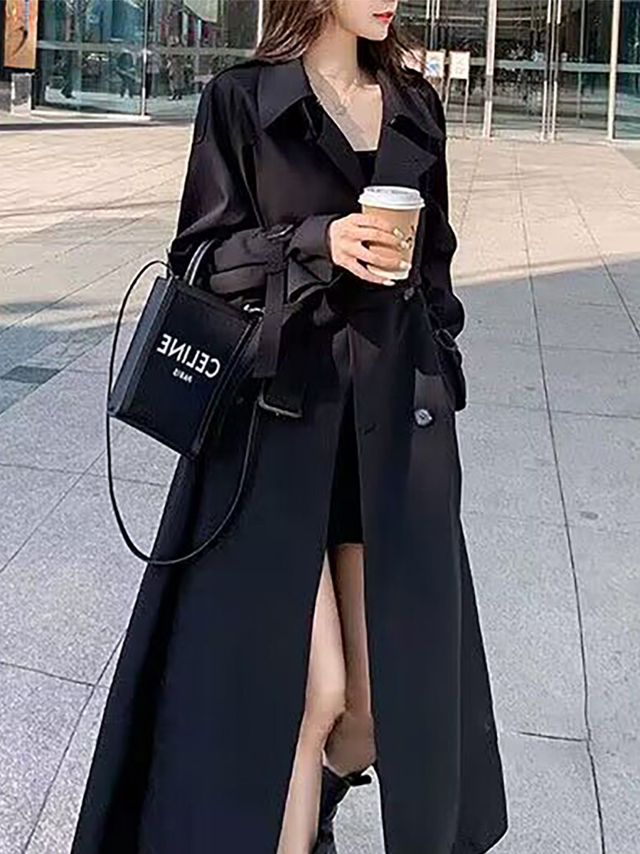 Black trench coat Women's Mid-length 2024 Spring and Autumn new cool chic British style overcoat slimming temperament