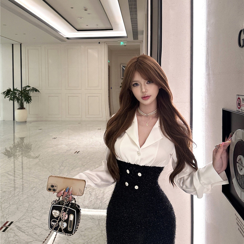 New Spring Fashion Sexy High-Waisted Shiny Skirt Satin Faux Two-Piece Shirt Slim Fit Bodycon Dress for Women New Spring Fashion Sexy High-Waisted Shiny Skirt Satin Faux Two-Piece Shirt Slim Fit Bodycon Dress for Women
