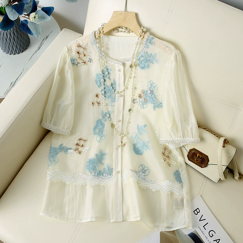 Высококачественная новая молодая рубашка в китайском стиле с вышивкой, белая рубашка с блестками и бисером, изысканная утягивающая рубашка в китайском стиле с рукавами три четверти для женщин