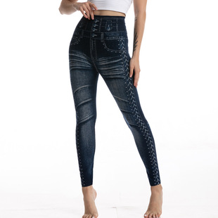 Amazon AliExpress fashion printed cotton imitation denim leggings women's high waist slim hip lifting pants women