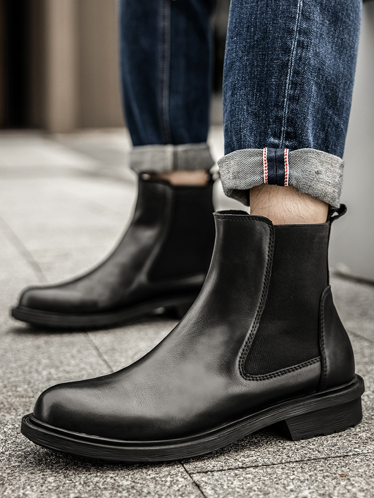 Scarpe da uomo inglesi alte da lavoro stivali spessi suola tonda testa strato di pelle bovina_voghion.com