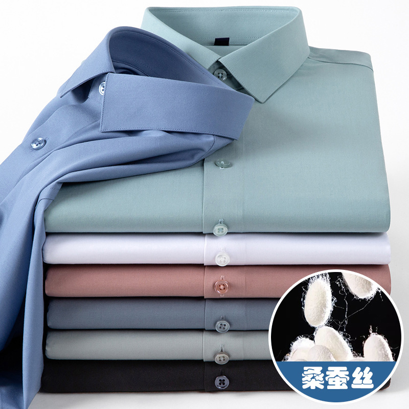 Summer New Men's High-end Real Silk Thin Stretch Mulberry Silk Non-ironing Short-sleeved Shirt Hanging Casual Shirt Summer New Men's High-end Real Silk Thin Stretch Mulberry Silk Non-ironing Short-sleeved Shirt Hanging Casual Shirt