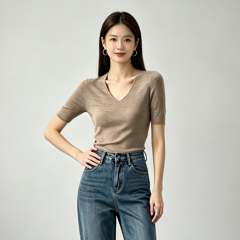 New Summer Yangtze Wool Short-Sleeved Bottoming Shirt Top Slimming Fashion Versatile Sweater for Women New Summer Yangtze Wool Short-Sleeved Bottoming Shirt Top Slimming Fashion Versatile Sweater for Women