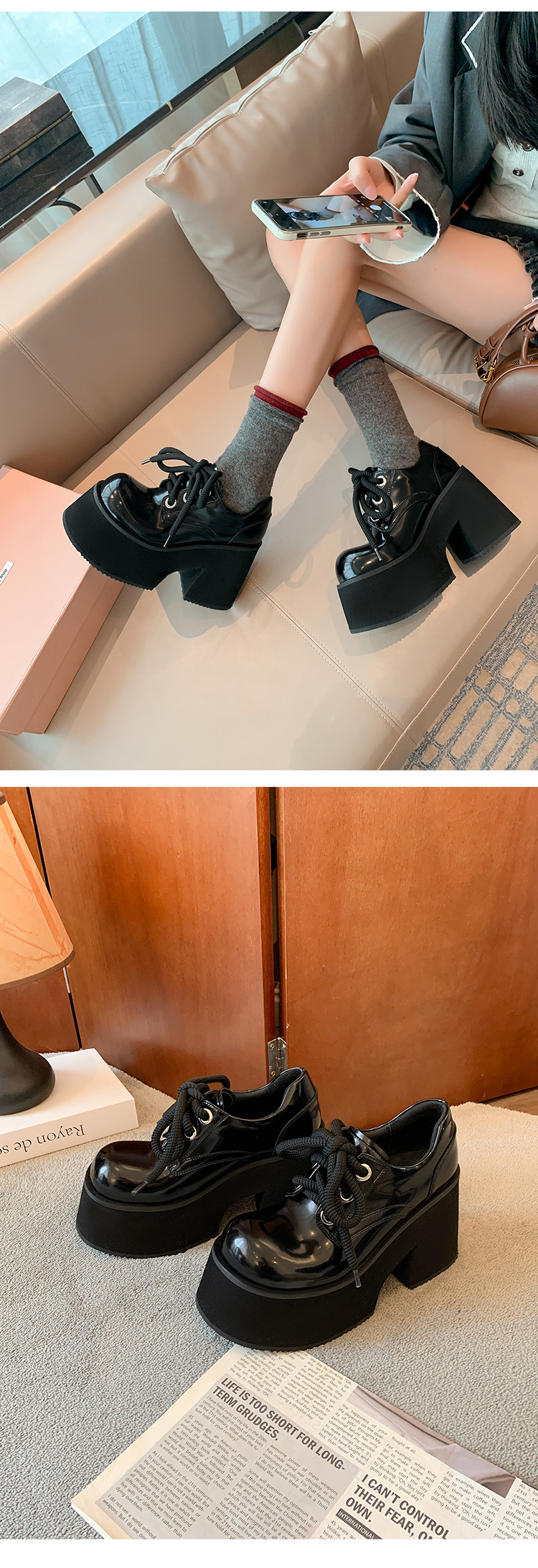 Giày loafer nữ gót vuông 10 cm đế platform dây buộc mũi sâu — màu đen chi tiết 16