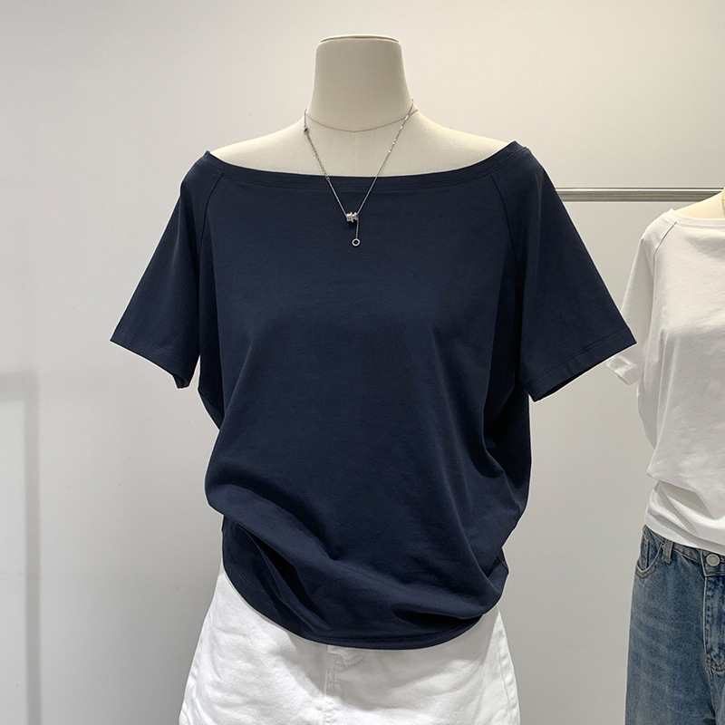 Spicy Girl Style Off-Shoulder Top for Women, Summer 2026 New Niche Design, Exposed Collarbone, Loose Short-Sleeved White T-Shirt