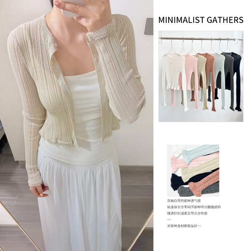 Gentle Resort-Style Linen Blend Hollow-Out Lace Ribbed Short Knit Cardigan, New for Summer 2026