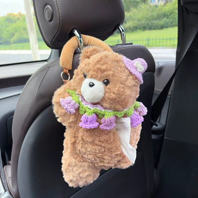 Cartoon Bear Car Tissue Box Car tissue box/set - purple-hat-purple-lily-of-the-valley-flower-pocket-khaki-bear-tissue-draw