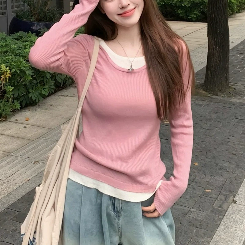 Шикарные и красивые женские топы из двух частей с длинными рукавами, осенне-зимний дизайн 2025 года, футболка, трикотажная нижняя рубашка для маленьких людей