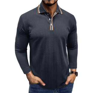 Cross-Border Export Men's Clothing Autumn and Winter Men's Long-Sleeved Woolen Business Polo Shirt Amazon Jacquard Lapel T-Shirt Top