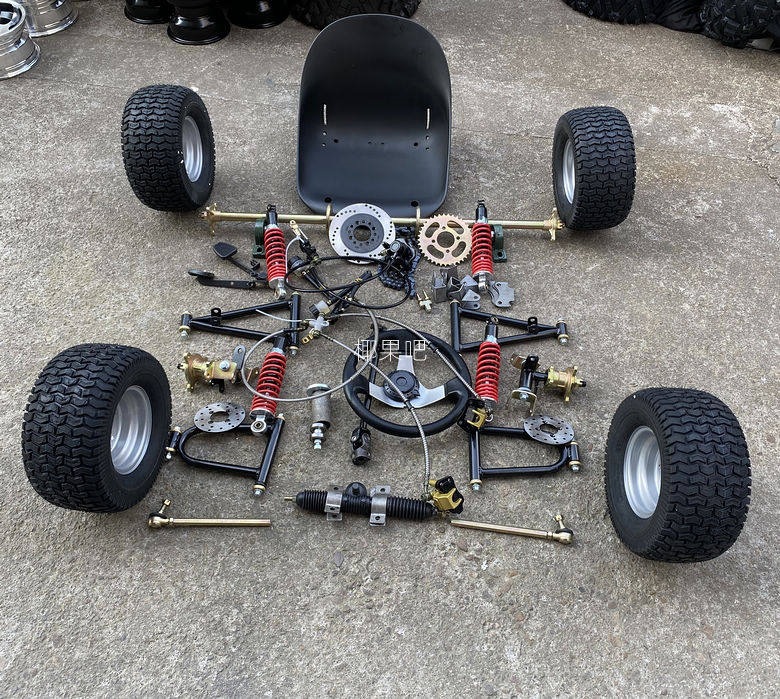 Modified Go-Kart Parts, Homemade Four-Wheel Vehicle with Front and Rear Suspension, Steering Wheel, 1m Rear Axle, 6/7/ 8inch Tires