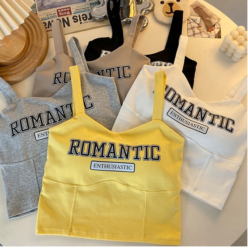 513# Letter Printing Pure Cotton Camisole Women's Latex Fixed Cup Fashionable Outer Wear Slimming Top Base Shirt