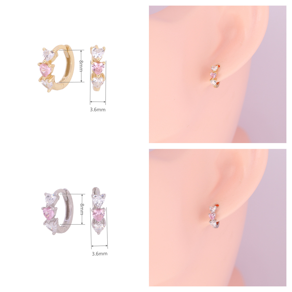 9g Weight 0.03µm Gold Plating Thickness 1 Pair 925 Sterling Silver Zircon Heart Shape Hoop Earrings