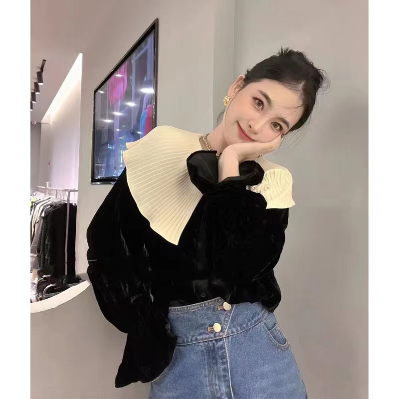 Shenzhen 2025 New Nanyou Women's European-Style High-End Doll Collar Velvet Top Shirt Women's Design Niche Shenzhen 2025 New Nanyou Women's European-Style High-End Doll Collar Velvet Top Shirt Women's Design Niche