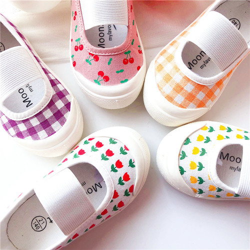 Export spring and autumn new Korean single girls shallow mouth floral elastic band canvas shoes baby soft sole toddler shoes children's shoes