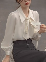 2025春秋新款灯笼袖蝴蝶结衬衫白色内搭衬衣女正装系带设计感上衣
