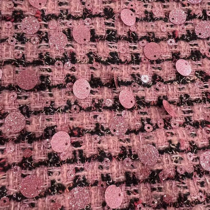 秋冬ファッション小香風ファッションドレスバッグ靴材ビーズ刺繍生地粗紡毛ピンク生地|undefined