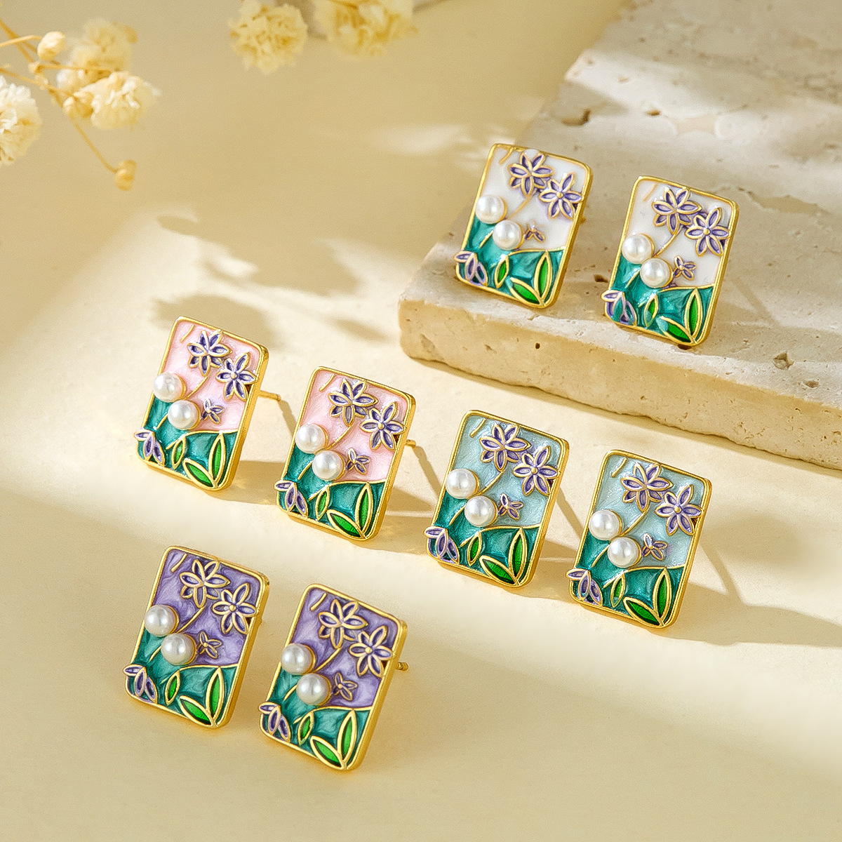 Monet Garden nuevo estilo pintura al óleo pintura pintada goteo de aceite pendientes de flores con incrustaciones de perlas pendientes de cobre de moda de alta calidad