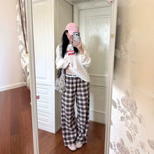 字母拼接格子休闲裤女夏薄款宽松阔腿慵懒风垂感直筒拖地裤子ins
