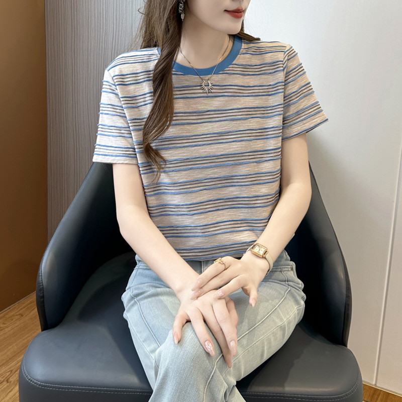 227~蓝色条纹短袖t恤女2025春夏季新款圆领打底上衣|undefined