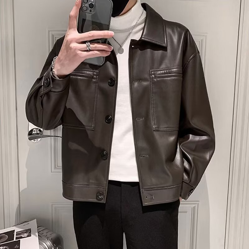 2023 new autumn and winter leather jacket men's trendy casual short men's motorcycle jacket men's leather jacket