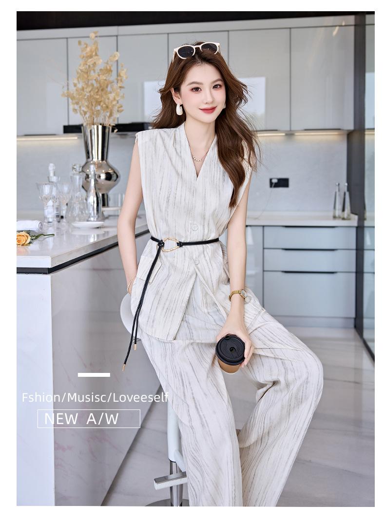 Bộ vest nữ không tay quần ống rộng cao cấp mùa hè 2025 – Áo khoác vest không tay kết hợp quần ống rộng hai mảnh HR1170 — Màu đen, Màu trắng be chi tiết 20