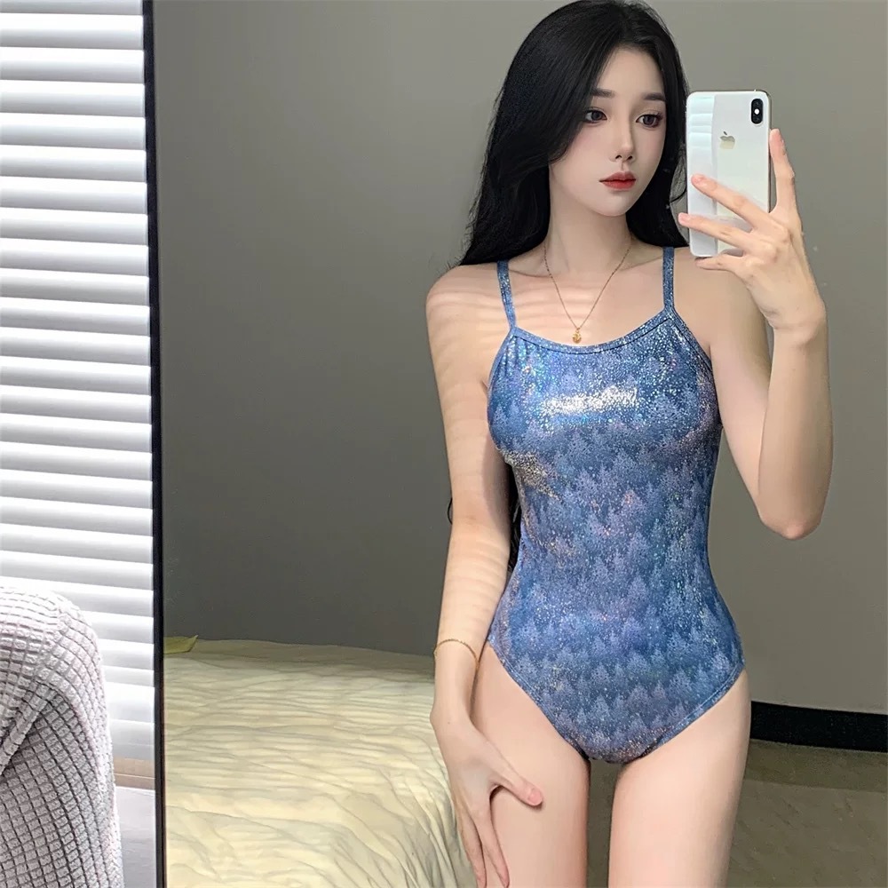 2025 New Swimsuit Women's Triangle Conjoined Racing Professional Training Split Fashion dark blue Cedar Swimsuit