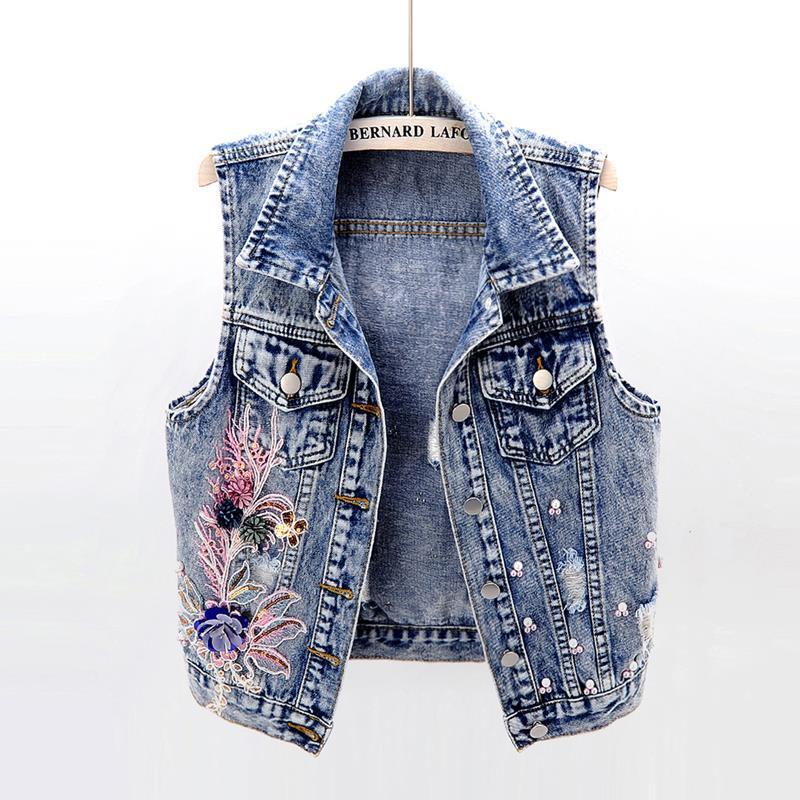 Spring and Summer 2024 New Korean Style Beaded Flower Denim Vest Women's Short Outer Wear Sleeveless Vest Waistcoat Fashionable