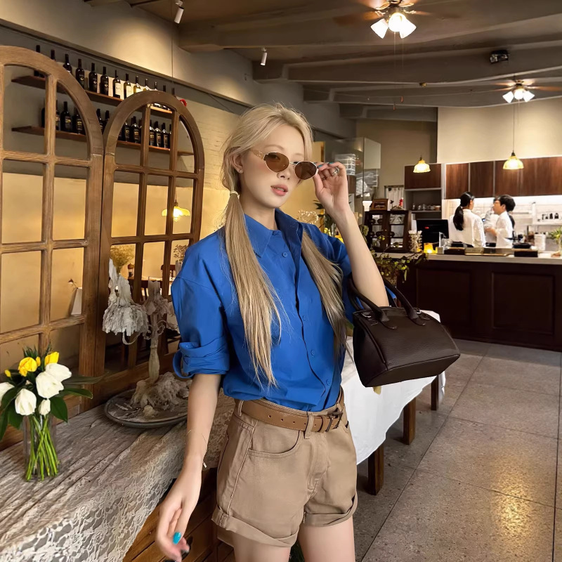 8Uioio "Prussian Blue" Klein Blue Long-Sleeved Shirt for Women Korean Style Spring Shirt Design Top 8Uioio "Prussian Blue" Klein Blue Long-Sleeved Shirt for Women Korean Style Spring Shirt Design Top